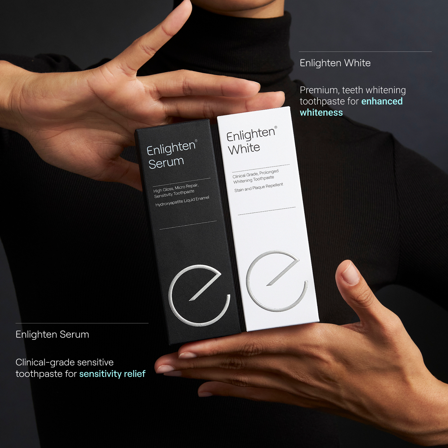 Woman hands holding Enlighten White and Serum highlighting product benefits