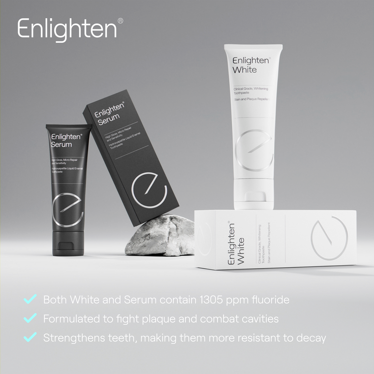 Enlighten White and Serum toothpaste displaying product benefits
