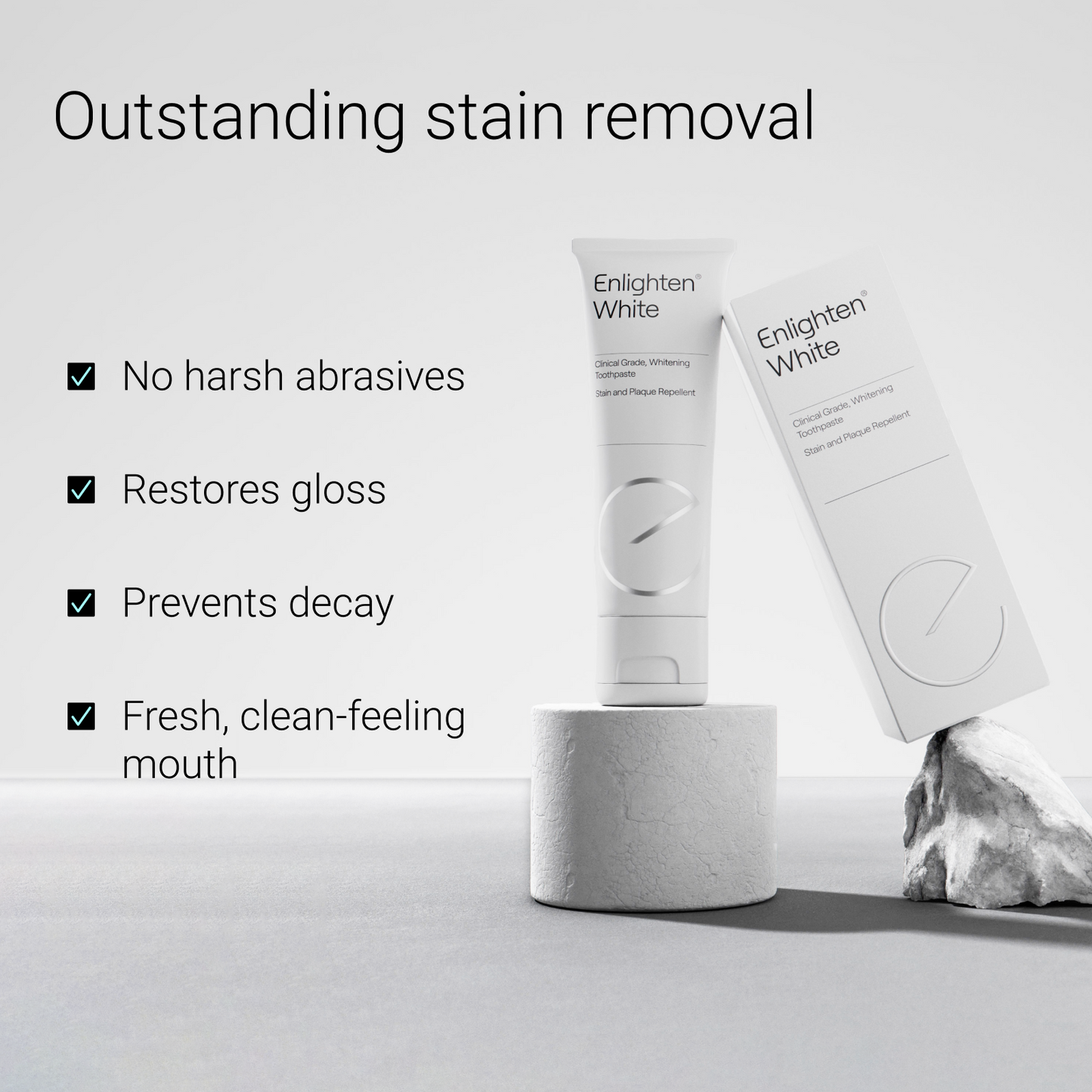 Enlighten White toothpaste with box, highlighting the benefits of the product
