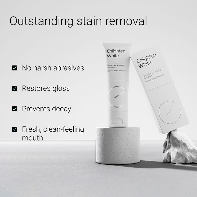 Enlighten White toothpaste with box, highlighting the benefits of the product