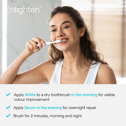 Woman brushing her teeth with instructions on how to use both toothpastes 