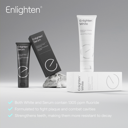 Enlighten White and Serum toothpaste displaying product benefits 