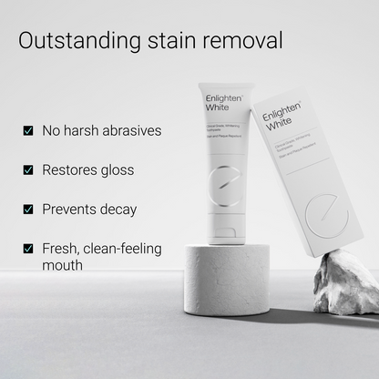Enlighten White toothpaste with box, highlighting the benefits of the product